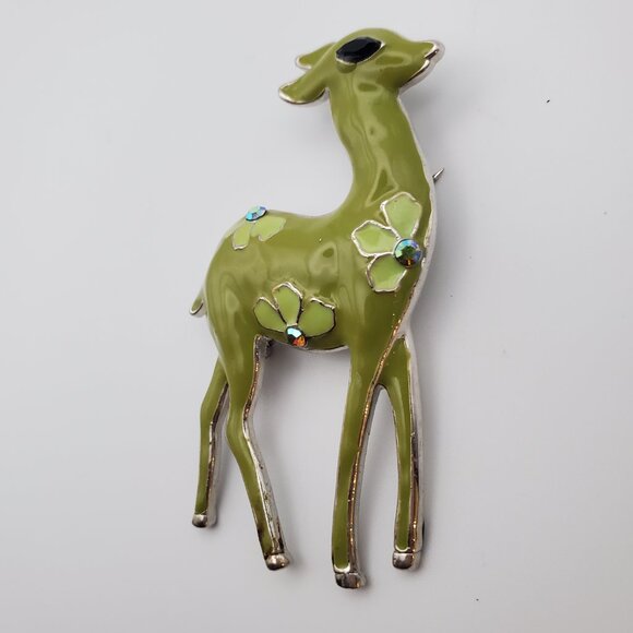 Vintage Large Olive Green Enamel Fawn Pin Brooch | Faceted Stones Floral Accents - Picture 2 of 4
